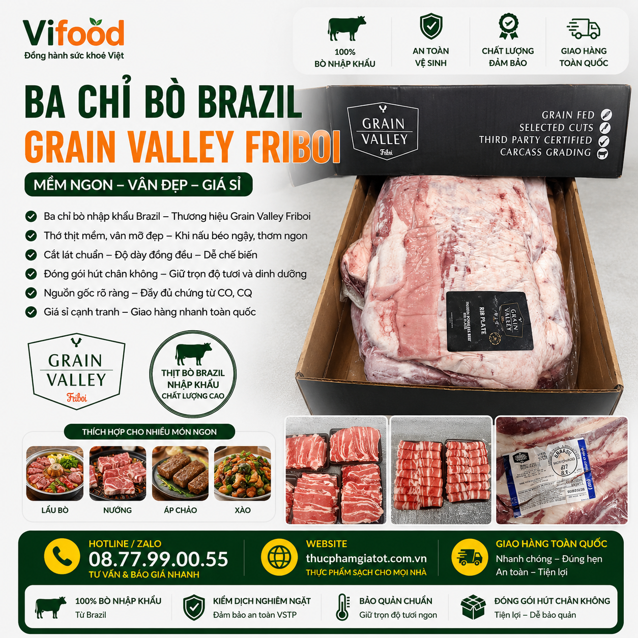 Ba Chỉ Bò Brazil Grain Valley Friboi Giá Sỉ